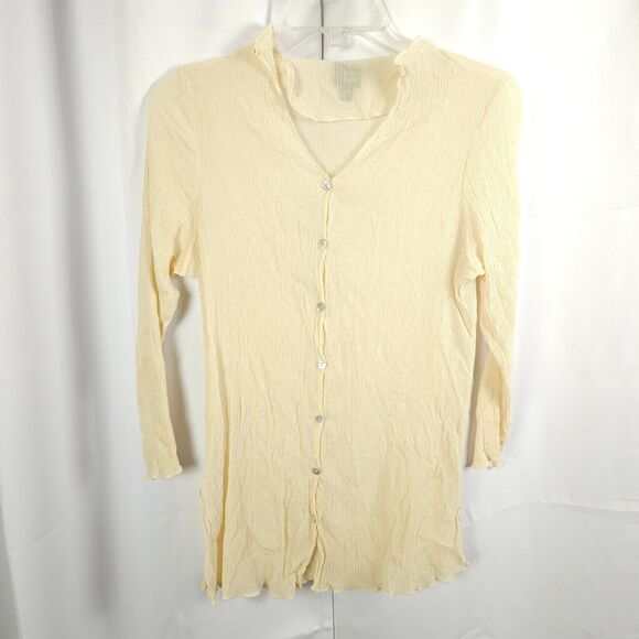 Eileen Fisher Womens Large Beige Cream 100% Silk V-Neck Button Up Shirt Blouse - Picture 1 of 7